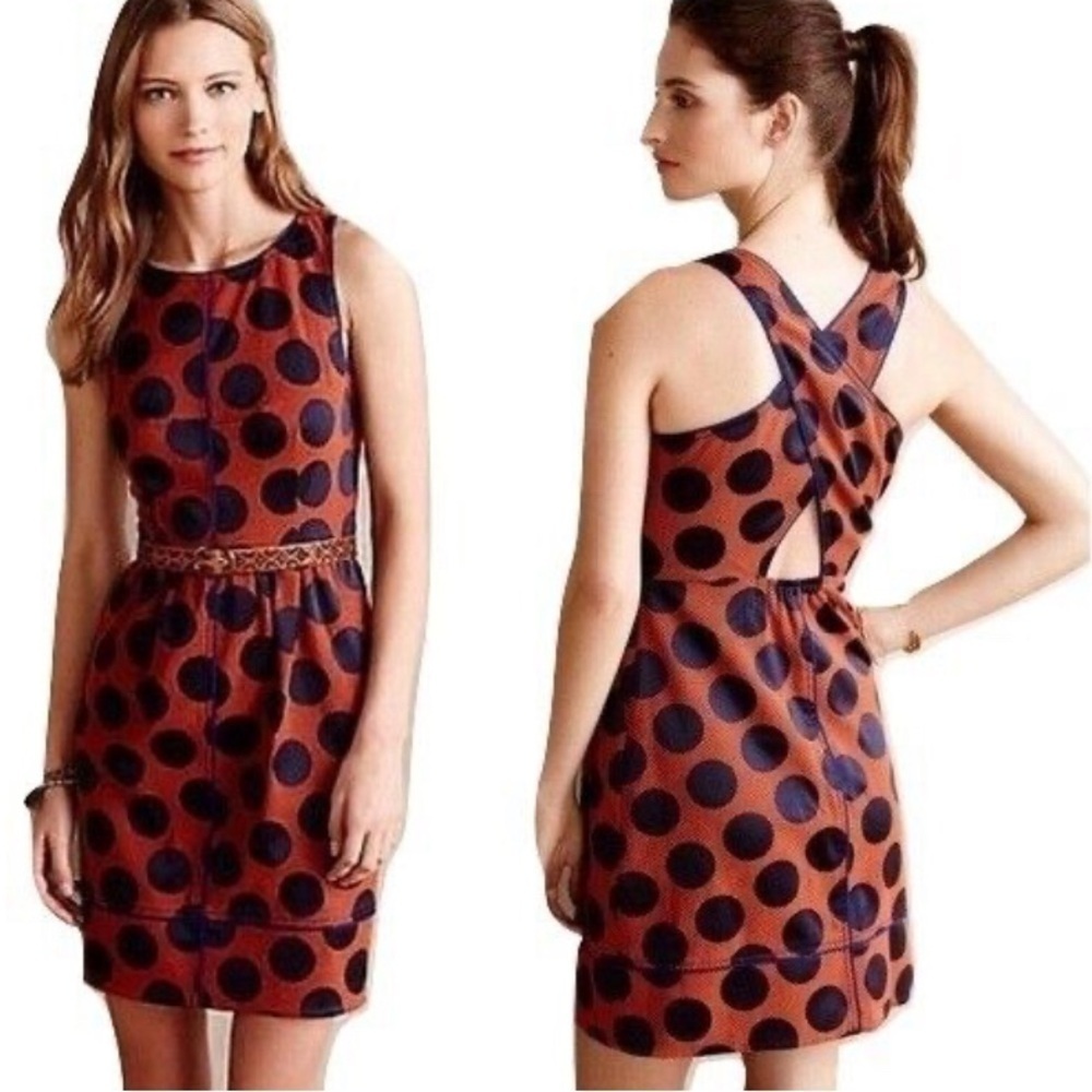 Maeve navy & rust dot sleeveless dress lined cross open back trim side zip sz 2